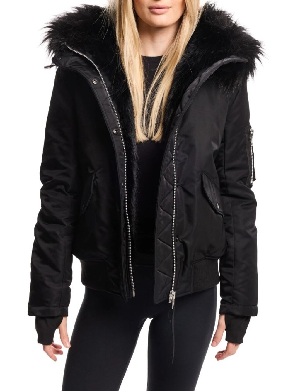 SAM. Sloane Women's Faux Fur Trim Hooded Bomber Puffer Jacket Black Size L - Picture 4 of 5